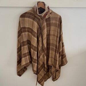 Lauren Ralph Lauren Plaid Wool Poncho Brown Fall Cape Buckle Neck Shawl Size S/M